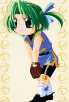  1girl bandaid bandaid_on_knee baseball baseball_glove dejiko di_gi_charat full_body green_eyes green_hair jersey leaning_forward short_hair simple_background solo sportswear yellow_background 