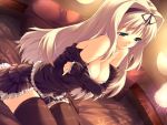  1girl bed black_legwear blonde_hair blue_eyes bow breast_hold breasts cleavage dutch_angle frills game_cg gothic hair_bow kawata_hisashi kusugawa_sasara light long_hair off_shoulder sitting skirt solo thigh-highs to_heart_2 to_heart_2_xrated undressing wariza zettai_ryouiki 