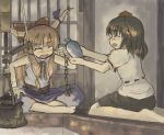  2girls :d ^_^ alcohol barefoot choko_(cup) closed_eyes female hat horns ibuki_suika indian_style kettle multiple_girls open_mouth sake seiza shameimaru_aya sitting smile takuzui tokin_hat tokkuri touhou 