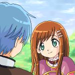  1boy 1girl belt blue_hair blue_sky brown_hair collar face fayt_leingod frilled_collar frills green_eyes hair_ornament hairclip long_hair looking_at_another lowres outdoors short_hair sidelocks sky smile solo_focus sophia_esteed star_ocean star_ocean_till_the_end_of_time upper_body 