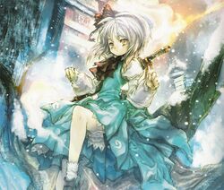  1girl asai_genji curiosities_of_lotus_asia female hair_ribbon hitodama konpaku_youmu konpaku_youmu_(ghost) official_art ribbon silver_hair snow snowing solo sword touhou weapon 