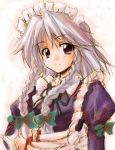  1girl :d apron bangs bow braid female hair_bow hirasaka_makoto izayoi_sakuya knife looking_at_viewer maid maid_apron maid_headdress motion_blur open_mouth puffy_sleeves silver_hair simple_background sketch smile solo touhou twin_braids upper_body violet_eyes white_background 