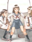  3girls arimura_yuu black_legwear classroom long_hair multiple_girls original pleated_skirt school_uniform serafuku sitting skirt socks 
