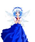  1girl blue_dress blue_eyes blue_hair blush bow cirno dress female hair_ribbon puffy_sleeves ribbon short_hair simple_background solo the_embodiment_of_scarlet_devil touhou white_background wings 