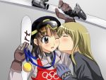  2girls blonde_hair blush brown_eyes brown_hair cheek_kiss closed_eyes gloves goggles goggles_on_forehead goggles_on_head gold_medal helmet kiss medal multiple_girls olympics one_eye_closed sanshita ski_goggles skier skis yuri 