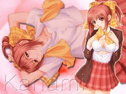  1girl bra breasts cleavage hair_ribbon large_breasts lingerie open_clothes open_shirt partner pink_eyes pink_hair pleated_skirt ribbon sangami_erika school_uniform serafuku shirt skirt tanaka_takayuki underwear wallpaper 