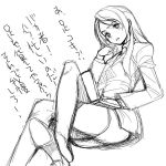  00s 1girl akaga_hirotaka angry blush business_suit chin_rest computer formal head_tilt high_heels jewelry laptop legs legs_crossed long_hair menori menori_visconti miniskirt monochrome mujin_wakusei_survive pencil_skirt shoe_dangle shoes sitting sketch skirt skirt_suit solo suit thigh-highs translation_request 