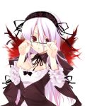  00s 1girl bespectacled breasts cleavage glasses gothic_lolita lolita_fashion long_hair medium_breasts oba_kagerou ooba_kagerou red_eyes rozen_maiden silver_hair solo suigintou 