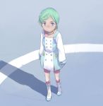  1girl bangs boots buttons choker dress emblem eureka eureka_seven eureka_seven_(series) full_body green_hair hair_ornament hairclip knee_boots long_sleeves looking_at_viewer shade short_hair solo swept_bangs takeda_sun violet_eyes white_boots 