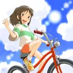  00s 1girl :d artist_request bicycle black_eyes blue_sky blush brown_hair child from_below looking_at_viewer looking_down lowres ogino_chihiro open_mouth outdoors ponytail sen_to_chihiro_no_kamikakushi shirt short_hair shorts signature sky smile socks solo studio_ghibli sun sunlight waving white_legwear 