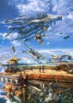  aircraft airship animal_ears architecture armor ashelia_b&#039;nargin_dalmasca battle chocobo clouds fantasy final_fantasy final_fantasy_xii flying gun hat helmet highres missile official_art pointing rabbit_ears running sky soldier steampunk vaan viera weapon yoshida_akihiko 