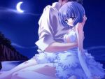  1boy 1girl bare_shoulders barefoot beach black_hair blue_eyes blue_hair breasts center_opening cleavage cliff clouds crescent_moon detached_sleeves dress dress_shirt faceless faceless_male frilled_dress frills from_side game_cg hand_on_another&#039;s_head hug injury layered_dress moon night night_sky ocean outdoors parted_lips quilt quilt_(game) shirt short_hair sia_(quilt) sitting sky sleeves_rolled_up solo_focus star_(sky) starry_sky strapless strapless_dress sugiyama_genshou sugiyama_gensyou takumi_(quilt) tree wariza water white_dress white_shirt 