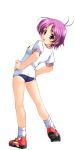  1girl ahoge antenna_hair back breasts buruma from_behind gym_uniform hands_on_hips kneepits leaning_back looking_at_viewer looking_back pink_hair red_eyes shirt shoes short_hair short_sleeves simple_background sneakers socks solo standing stretch white_background white_shirt white_shoes 