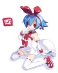  1girl :p arched_back bag bare_shoulders blue_hair detached_collar disgaea dress elbow_gloves full_body gloves hair_ribbon harada_takehito looking_at_viewer lowres original pleinair pointy_ears red_eyes red_shoes ribbon ribbon-trimmed_legwear ribbon_trim shoes short_dress short_hair simple_background sitting solo strapless strapless_dress thigh-highs tongue tongue_out wariza white_background white_gloves white_legwear zettai_ryouiki 