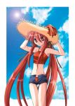  1girl beach halterneck hat long_hair red_eyes redhead shakugan_no_shana shana short_shorts shorts solo straw_hat unbuttoned very_long_hair 