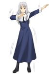  1girl blue_dress brown_eyes caren_hortensia dress fate/hollow_ataraxia fate/stay_night fate_(series) frown full_body long_hair long_sleeves looking_at_viewer motion_lines outstretched_arm sidelocks silver_hair simple_background solo standing tosibow white_background 