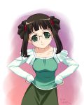  00s 1girl black_hair blouse breasts casual fujisawa_yayoi fujisawa_yayoi_(uchuu_no_stellvia) glasses green_eyes hair_bun hair_ornament hands_on_hips head_tilt long_sleeves looking_at_viewer murakami_suigun sidelocks skirt sleeves_past_wrists solo uchuu_no_stellvia 