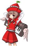  1girl arms_behind_head brown_hair buttons female flat_chest frilled_hat frilled_shirt_collar frills hat instrument keyboard keyboard_(instrument) long_sleeves lyrica_prismriver red_eyes red_shirt red_skirt shirt short_hair simple_background skirt solo star tongue tongue_out touhou white_shirt 