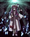  1girl book bow crescent female hair_ribbon hat hirosato light_smile long_hair outstretched_arm patchouli_knowledge purple_hair ribbon solo touhou tress_ribbon violet_eyes wide_sleeves 