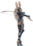  1girl 3d animal_ears bow_(weapon) closed_mouth crossed_legs_(standing) dark_skin final_fantasy final_fantasy_xii fran full_body highres long_hair navel official_art rabbit_ears revealing_clothes simple_background solo standing viera weapon white_background white_hair 