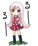 1girl brown_hair chibi full_body long_hair lowres lucy_maria_misora open_mouth pink_hair pleated_skirt red_skirt sailor_collar school_uniform shirt simple_background skirt solo standing to_heart_2 triangle_mouth very_long_hair white_background white_shirt 