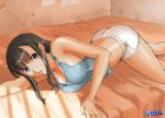  1girl arm_support artist_name ass back bangs bare_shoulders bed black_hair blue_eyes blue_shirt breasts cleavage collarbone ears female fingernails hands huge_breasts indoors large_breasts legs lingerie long_hair looking_at_viewer lying midriff moriya_naoki on_bed on_side original outstretched_arm panties pants parted_lips pose shiny shiny_skin shirt shorts sideboob sidelocks solo sunlight tank_top thighs underwear wall watermark white_panties white_pants 