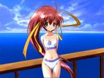  00s 1girl ahoge aoi_umi_no_tristia arms_behind_back bikini game_cg green_eyes hair_ribbon komatsu_eiji long_hair nanoca_flanka ocean ponytail railing redhead ribbon solo swimsuit very_long_hair 