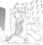  1girl barefoot closed_eyes dress female fox_tail hands_on_lap hat indian_style long_sleeves monochrome multiple_tails pillow_hat short_hair sitting solo tabard tail tassel touhou white_dress yakumo_ran 