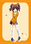  1girl blue_eyes brown_hair footwear green_eyes idolmaster kneehighs legs looking_at_viewer pigeon-toed raglan_sleeves shoes skirt smile sneakers socks solo star takatsuki_yayoi twintails v_arms white_legwear yukiwo 