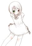  00s 1girl arms_behind_back blush dress green_eyes heterochromia jirou_(chekoro) looking_at_viewer monochrome red_eyes ribbon rozen_maiden short_hair simple_background solo souseiseki spot_color standing straightchromia white_background 