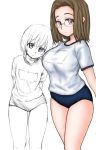  2girls age_difference arms_behind_back asanagi bangs breast_envy breasts buruma child colored flat_chest frown glasses gym_uniform hitotsubashi_yurie kamichu! large_breasts leaning looking_at_viewer multiple_girls partially_colored shijou_mitsue short_hair simple_background sketch standing thighs 