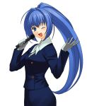  00s 1girl ;d a1 blue_eyes blue_hair bus_guide gloves hayase_mitsuki kimi_ga_nozomu_eien long_hair microphone one_eye_closed open_mouth pencil_skirt ponytail skirt smile solo stewardess white_background wink 