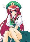  1girl blue_eyes blush bow braid china_dress chinese_clothes dress embarrassed female hair_bow hat hong_meiling long_hair open_mouth redhead sitting solo star sweatdrop the_embodiment_of_scarlet_devil touhou twin_braids v_arms 