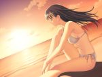  1girl beach bikini black_hair breasts brown_hair game_cg leg_hug long_hair mizushima_asa one-piece_tan side-tie_bikini sideboob sitting smile solo sora_no_iro_mizu_no_iro sunset swimsuit tan tanaka_takayuki tanline water white_bikini white_swimsuit wind 