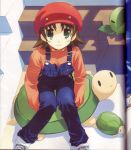  1girl amazuyu_tatsuki genderswap highres mario super_mario_bros. nintendo overalls scan scan_artifacts sitting solo stairs super_mario_bros. turtle 