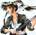  1girl 90s brown_eyes brown_hair electric_guitar guitar instrument jacket kai_tomohisa long_hair lowres matsuoka_chie midriff navel open_clothes open_jacket open_mouth playing_instrument plectrum ponytail sentimental_graffiti sidelocks solo 