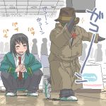  2boys aliasing bird clapping cosplay fedora gunparade_orchestra hat indoors lowres male_focus multiple_boys ouya_(maboroshimori) penguin q_(street_fighter) squatting street_fighter street_fighter_iii street_fighter_iii:_3rd_strike street_fighter_iii_(series) trench_coat 