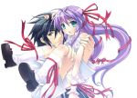  00s 1boy 1girl al_azif aqua_eyes black_hair blue_eyes blush carrying daijuuji_kurou demonbane footwear hair_ribbon hand_on_another&#039;s_head hand_on_head long_hair open_mouth princess_carry purple_hair ribbon smile socks 