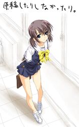  1girl arms_behind_back bag blue_eyes bow brown_hair indoors legs no_socks school_bag school_uniform serafuku shinya_puu shoes short_hair short_twintails sneakers solo sorauta twintails yuunagi_mio 