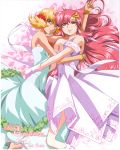  00s 2girls absurdres arm_up bare_shoulders blonde_hair bracelet cagalli_yula_athha character_name detached_sleeves dress fur_trim green_dress gundam gundam_seed highres hug jewelry lacus_clyne lips long_hair looking_at_viewer multiple_girls pink_dress redhead scrunchie short_hair smile standing two_side_up very_long_hair 