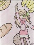  00s 1girl azusagawa_tsukino blonde_hair bread coloredpencil food green_eyes muffin one_eye_closed ribbon skirt solo thigh-highs traditional_media wink yakitate!!_japan 