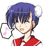  1girl blue_hair happy himeyuri_ruri lowres musical_note quaver school_uniform serafuku simple_background solo speech_bubble spoken_musical_note to_heart_2 white_background 