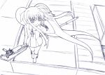  00s 1girl adjusting_hair bardiche boots expressionless fate_testarossa floating_hair floor from_above full_body holding holding_weapon long_hair lyrical_nanoha mahou_shoujo_lyrical_nanoha monochrome polearm ribbon selece solo standing twintails very_long_hair weapon 