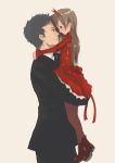  1boy 1girl arms_around_neck artist_request carrying child dress eye_contact fancy_clothes formal height_difference hug lift lifting_person looking_at_another pantyhose red_dress size_difference suit white_background 
