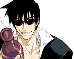  1boy black_hair bottle cigarette lowres male_focus mouth_hold nicholas_d_wolfwood open_collar satou_atsuki short_hair smirk smoke smoking solo sunglasses trigun 