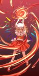  1girl arms_up ascot blonde_hair cravat female fire flandre_scarlet frills haniwa_(leaf_garden) hat red_background red_eyes red_skirt shoes short_hair skirt solo touhou wings 