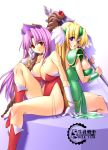  2girls angela_(seiken_densetsu_3) armor blonde_hair boots breasts cleavage gloves gunner-l huge_breasts knee_boots large_breasts legs liese long_hair multiple_girls polearm purple_hair red_eyes riesz seiken_densetsu seiken_densetsu_3 spear thighs violet_eyes weapon 