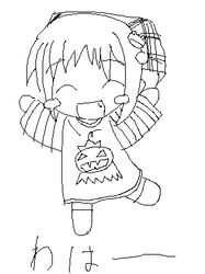  1girl ^_^ blush chibi closed_eyes flower food_print full_body lily_of_the_valley long_sleeves lowres monochrome open_mouth pumpkin short_hair solo suigetsu waha waha~ yamato_suzuran 