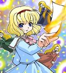  1girl alice_margatroid blonde_hair blue_eyes bow card danmaku doll dress female hair_bow hair_ribbon holding holding_card long_hair lowres necktie open_mouth ribbon short_hair smile solo spell_card touhou 