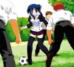  1girl ball black_legwear blue_hair grass ilfa leaf_(company) nal outdoors robot_ears skirt soccer soccer_ball sport studio_ng telstar thigh-highs to_heart to_heart_2 zettai_ryouiki 